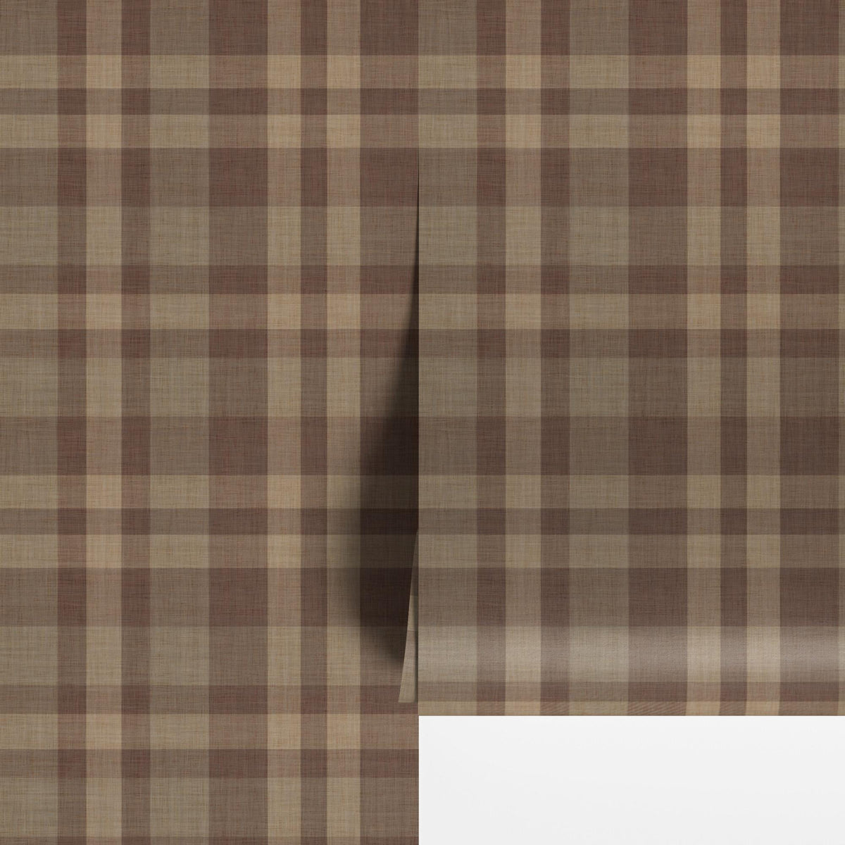 Chocolate brown plaid peel and stick wallpaper panel with the corner lifted