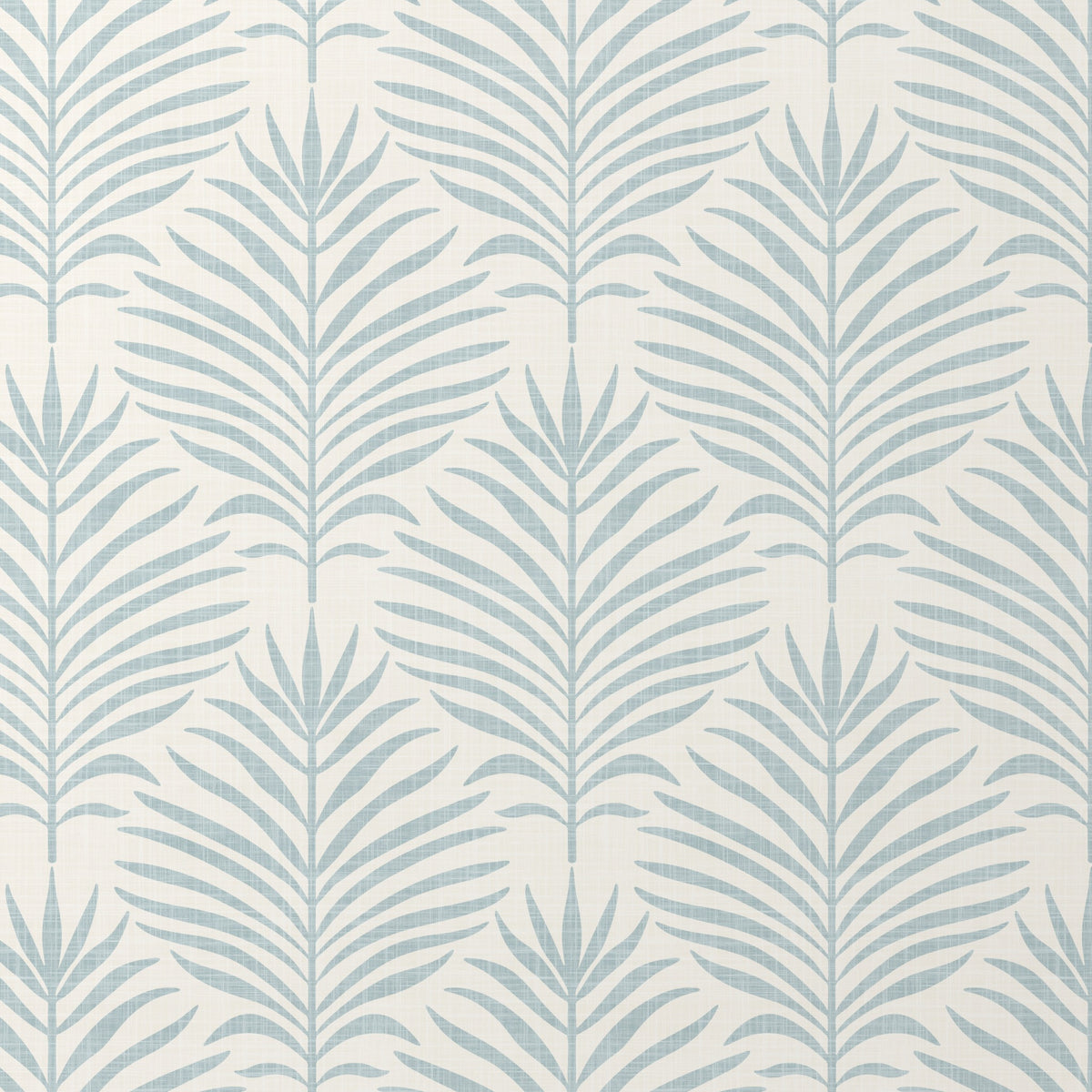 coastal palm leaf botanical wallpaper in light blue and white for modern beach house or tropical decor in peel and stick, prepasted, or traditional nonpasted samples and rolls or panels
