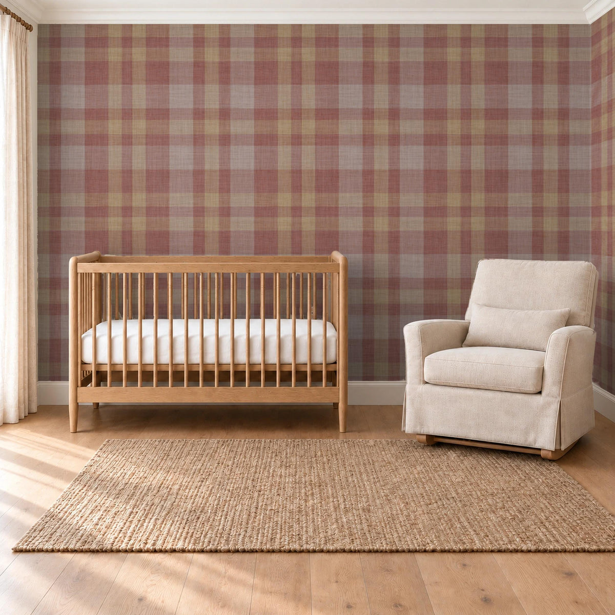 Burgundy plaid wallpaper in a vintage style baby nursery