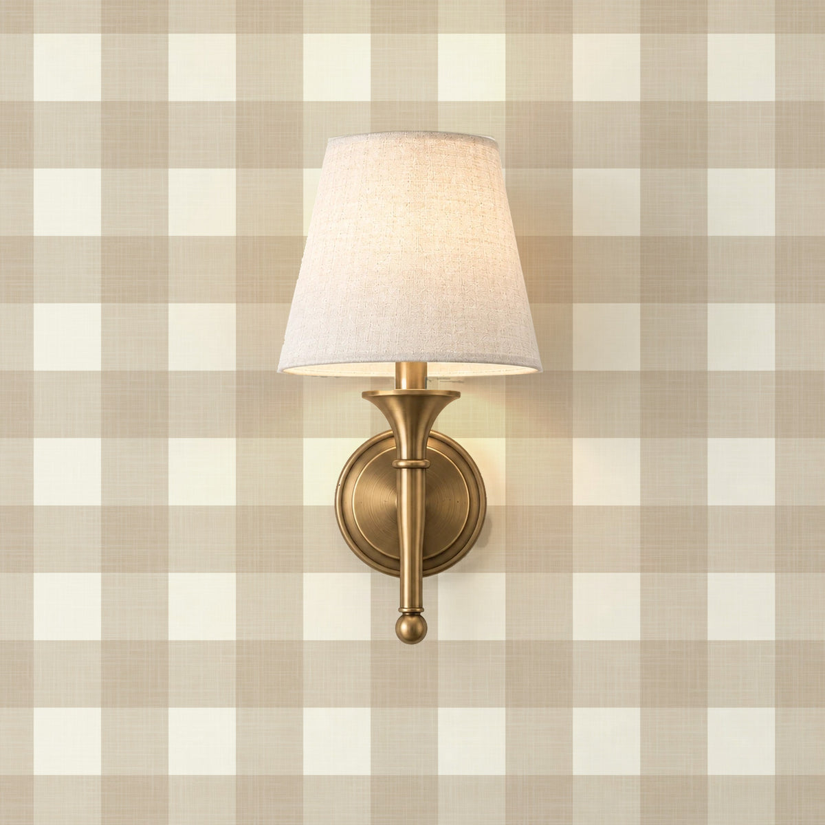 neutral brown gingham wallpaper in removable peel and stick, prepasted or traditional nonpasted for modern farmhouse or english cottage inspired kids bedroom, nursery, powder room or accent wall.