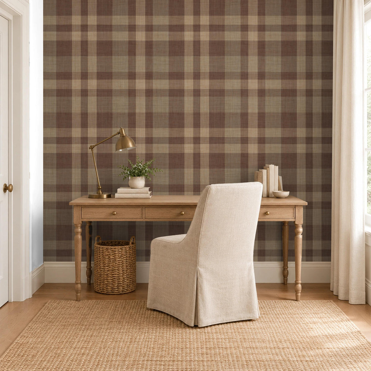 Brown plaid prepasted wallpaper in a cozy cabin home office