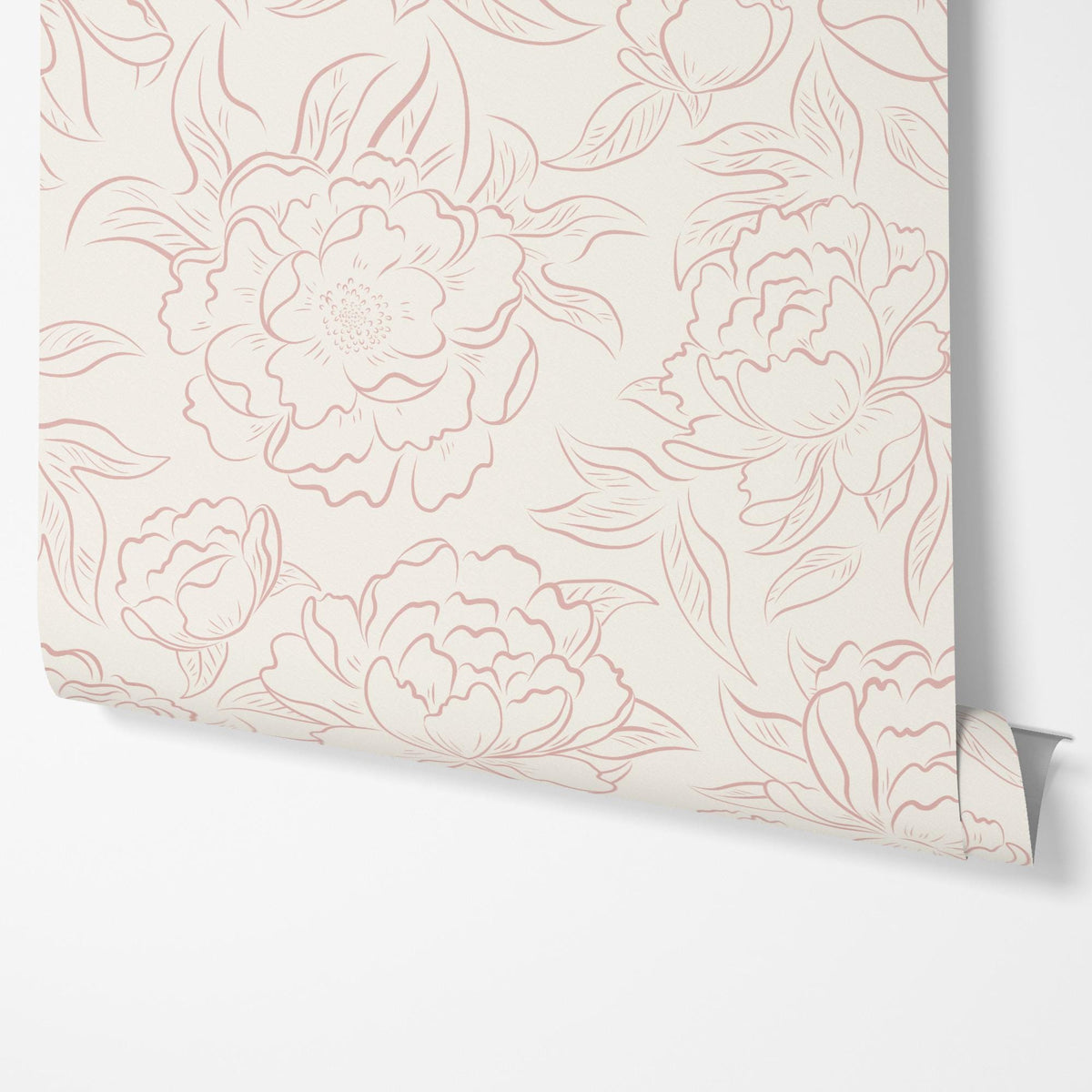 Rolled panel of blush pink and cream Peony Sketch floral wallpaper