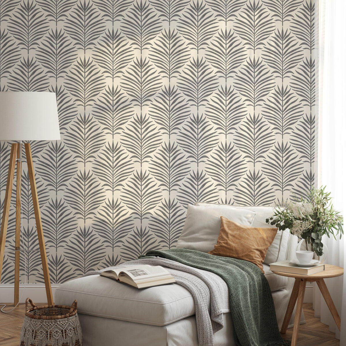 black and white palm leaf botanical wallpaper for modern coastal aesthetic in peel and stick, prepasted or traditional nonpasted.