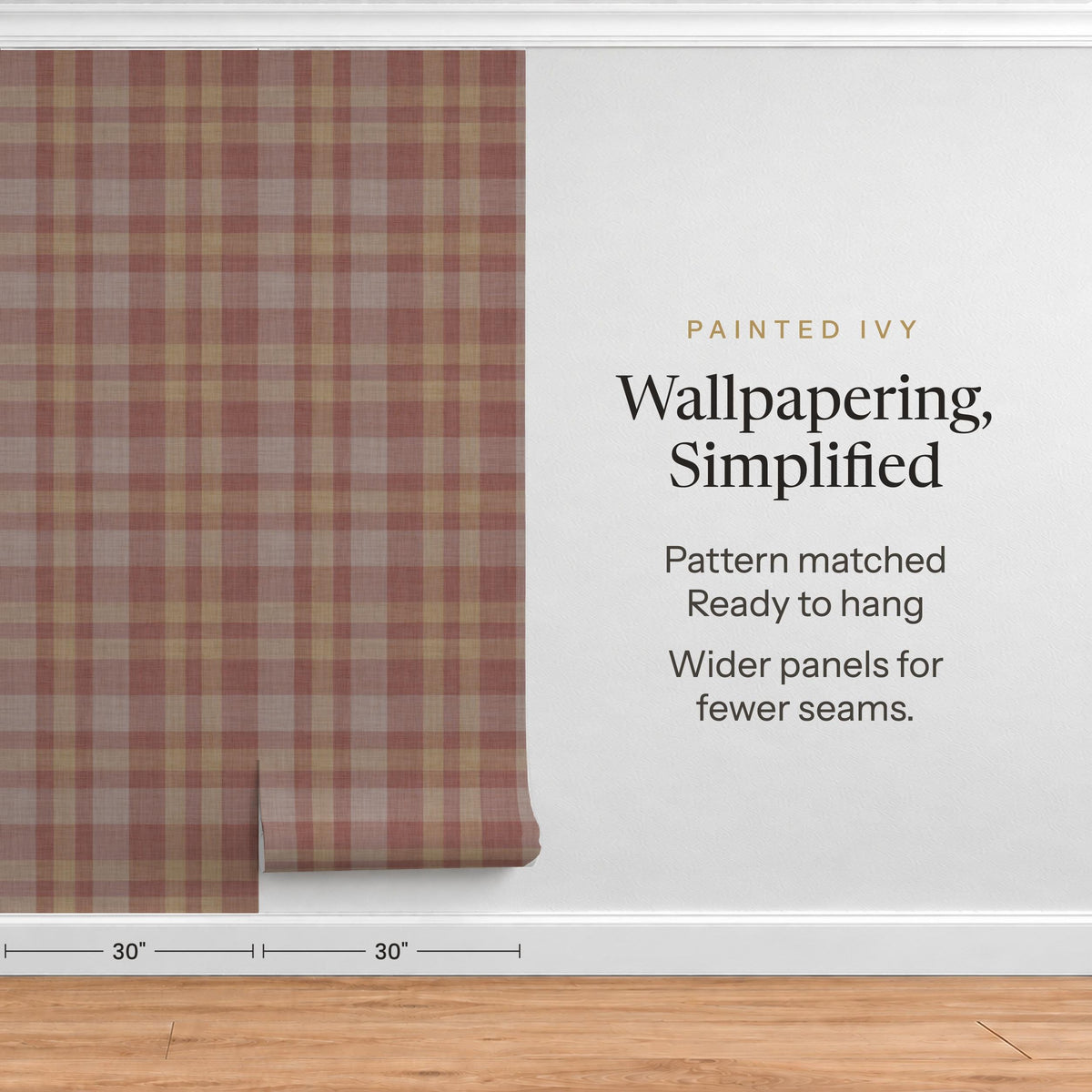 Burgundy plaid wallpaper in precut, pre-matched 30 inch wide panels