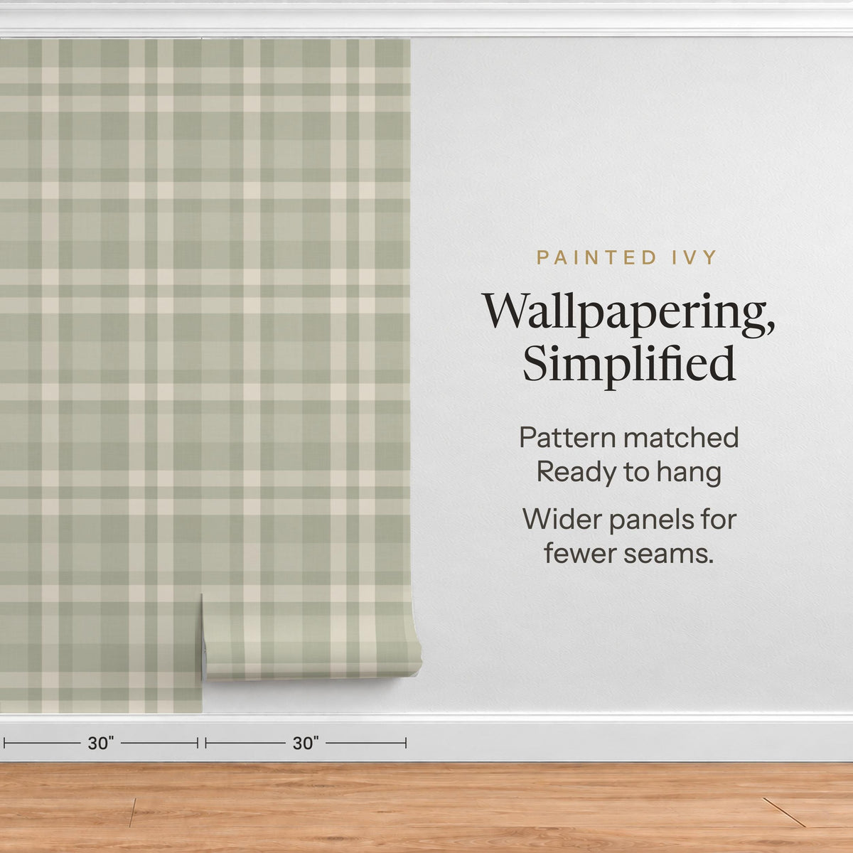 Sage green plaid wallpaper in precut, pre-matched 30 inch wide panels