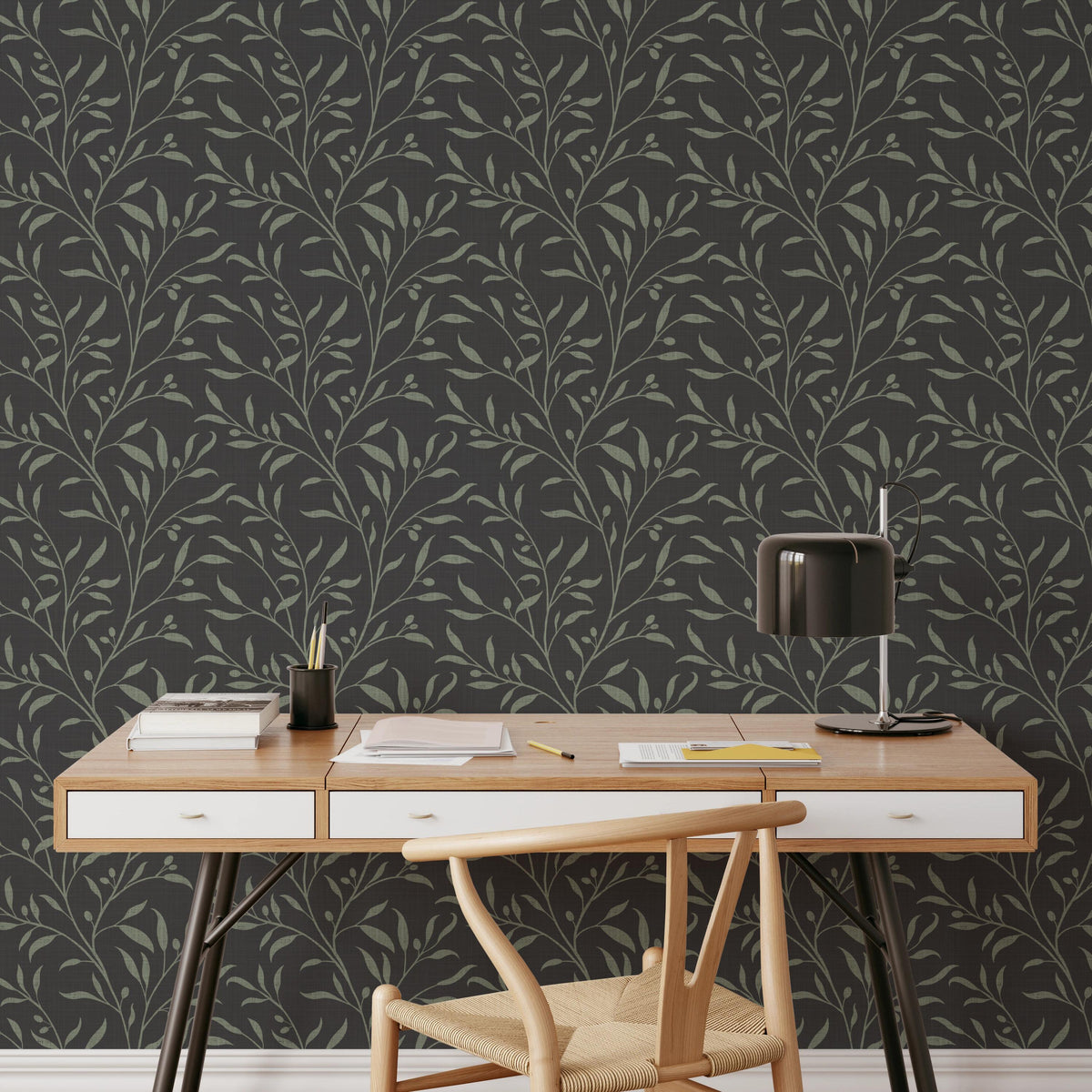 dark moody olive grove botanical leaves and branches wallpaper in peel and stick, prepasted or traditional nonpasted for vintage farmhouse or dramatic accent wall.
