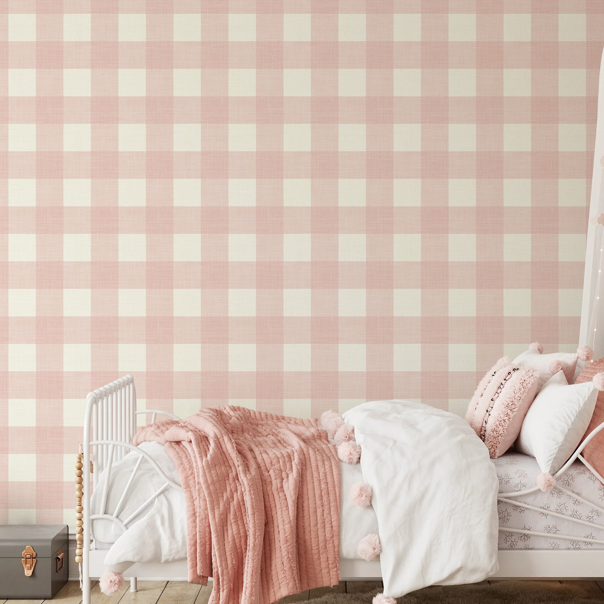 pink and white gingham wallpaper for girls bedroom or nursery with a cute cottage or farmhouse style in peel and stick, traditional nonpasted or prepasted wallpaper.