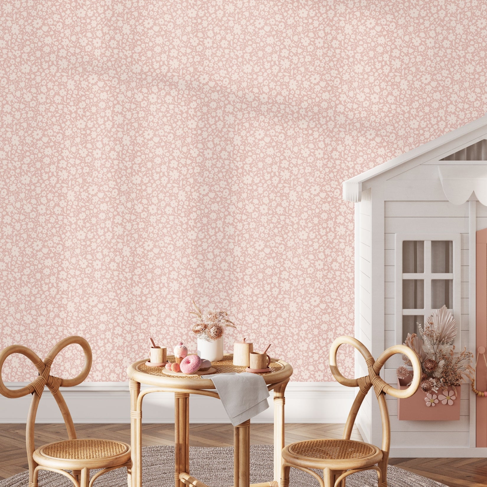 Little Meadow Floral Wallpaper - Blush wallpaper available in peel and stick (removable), prepasted, and traditional nonpasted / unpasted 