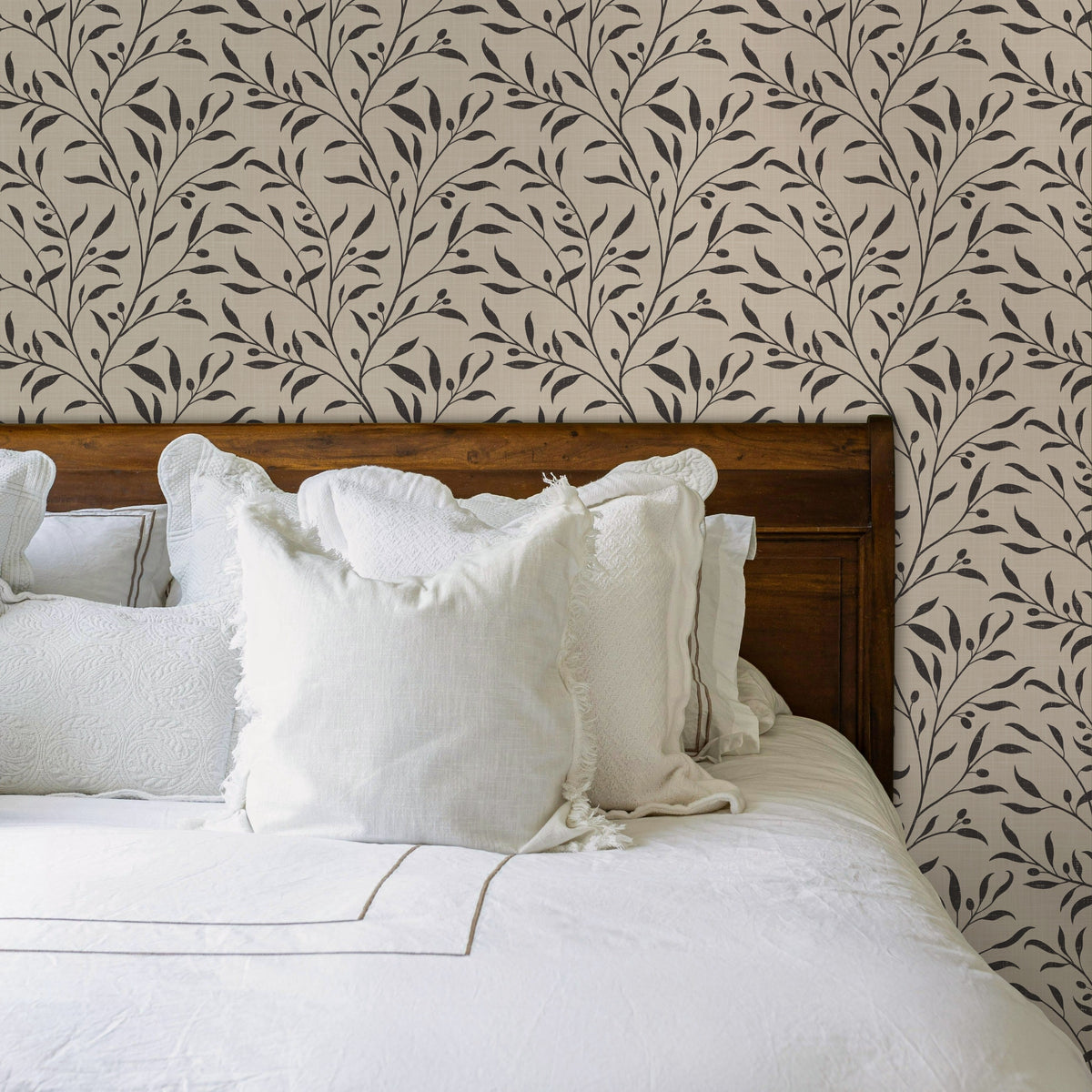 olive grove black and tan neutral botanical wallpaper in peel and stick, prepasted, or traditional nonpasted for modern farmhouse or vintage cottage style decor.