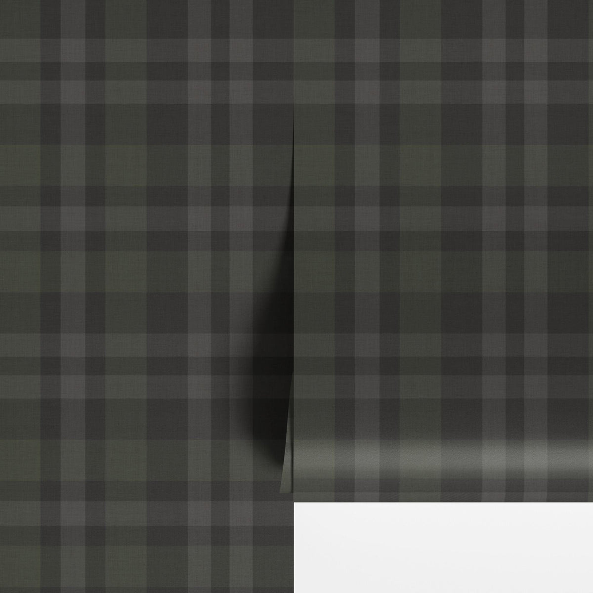 Charcoal black plaid peel and stick wallpaper panel with the corner lifted