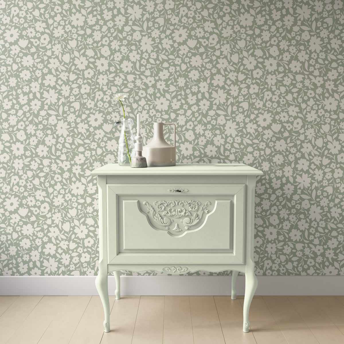 cute green vintage floral inspired wallpaper in peel and stick, prepasted or traditional nonpasted for cottagecore or english cottage inspired girls bedroom, nursery or powder room