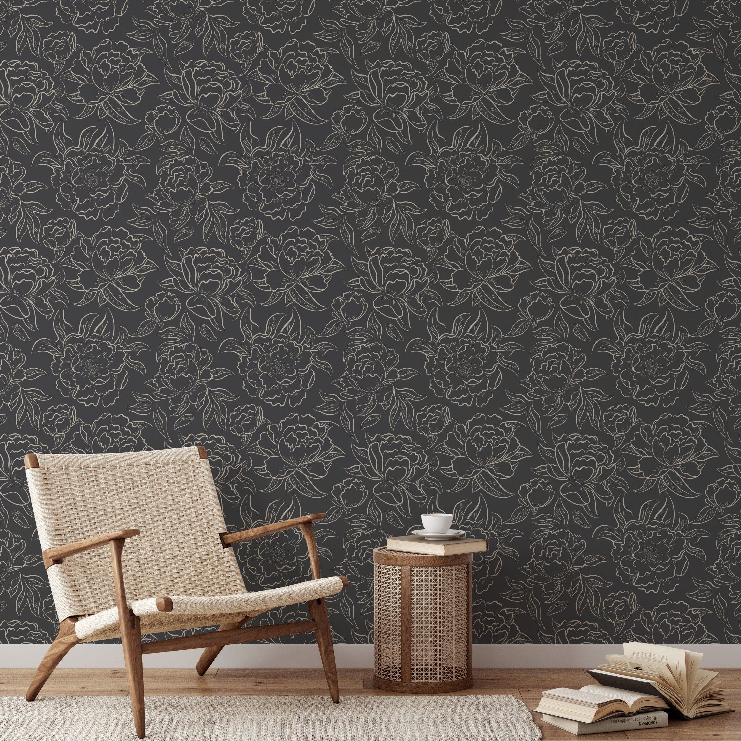 Peony Sketch Wallpaper - Charcoal wallpaper available in peel and stick (removable), prepasted, and traditional nonpasted / unpasted 