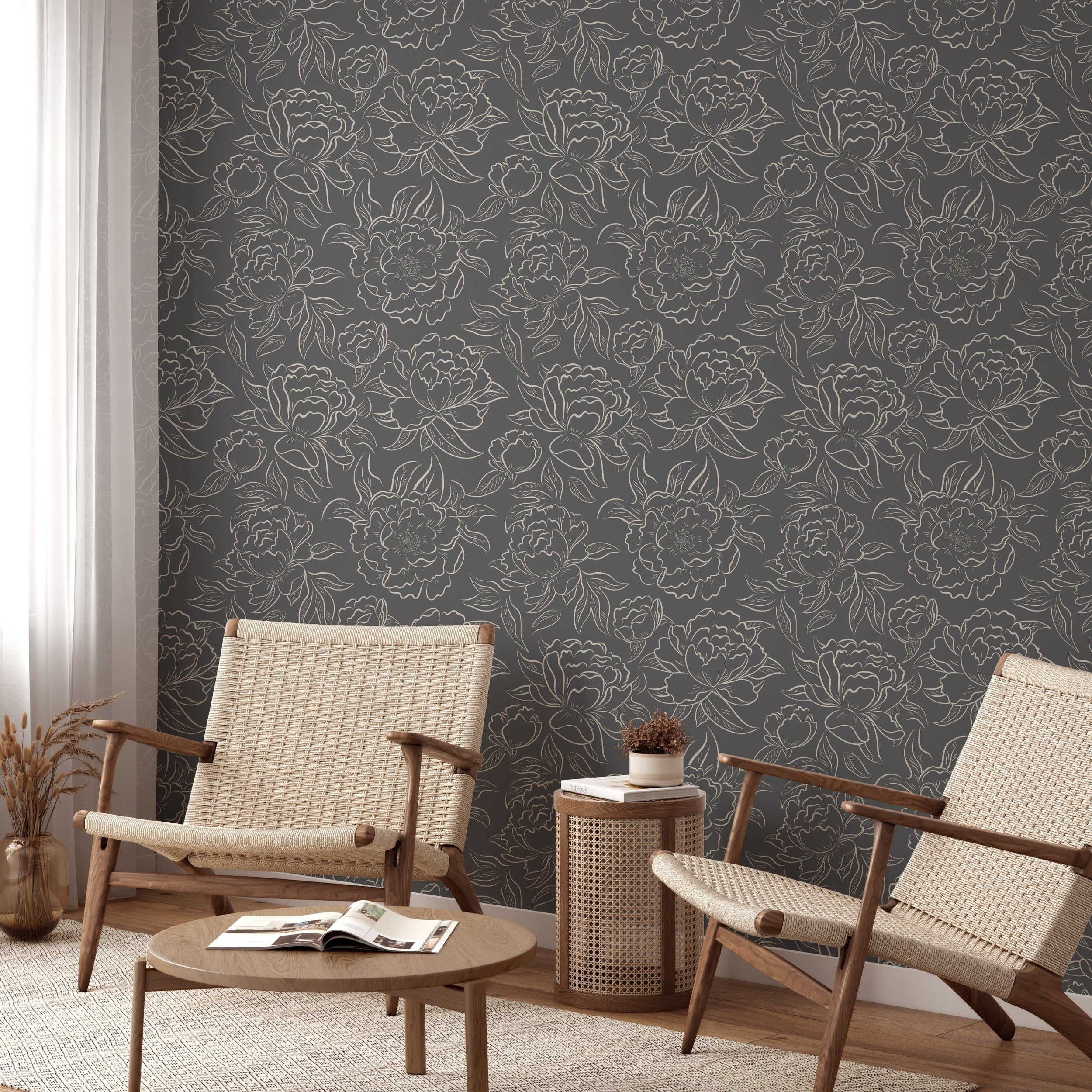 Peony Sketch Wallpaper - Charcoal wallpaper available in peel and stick (removable), prepasted, and traditional nonpasted / unpasted 