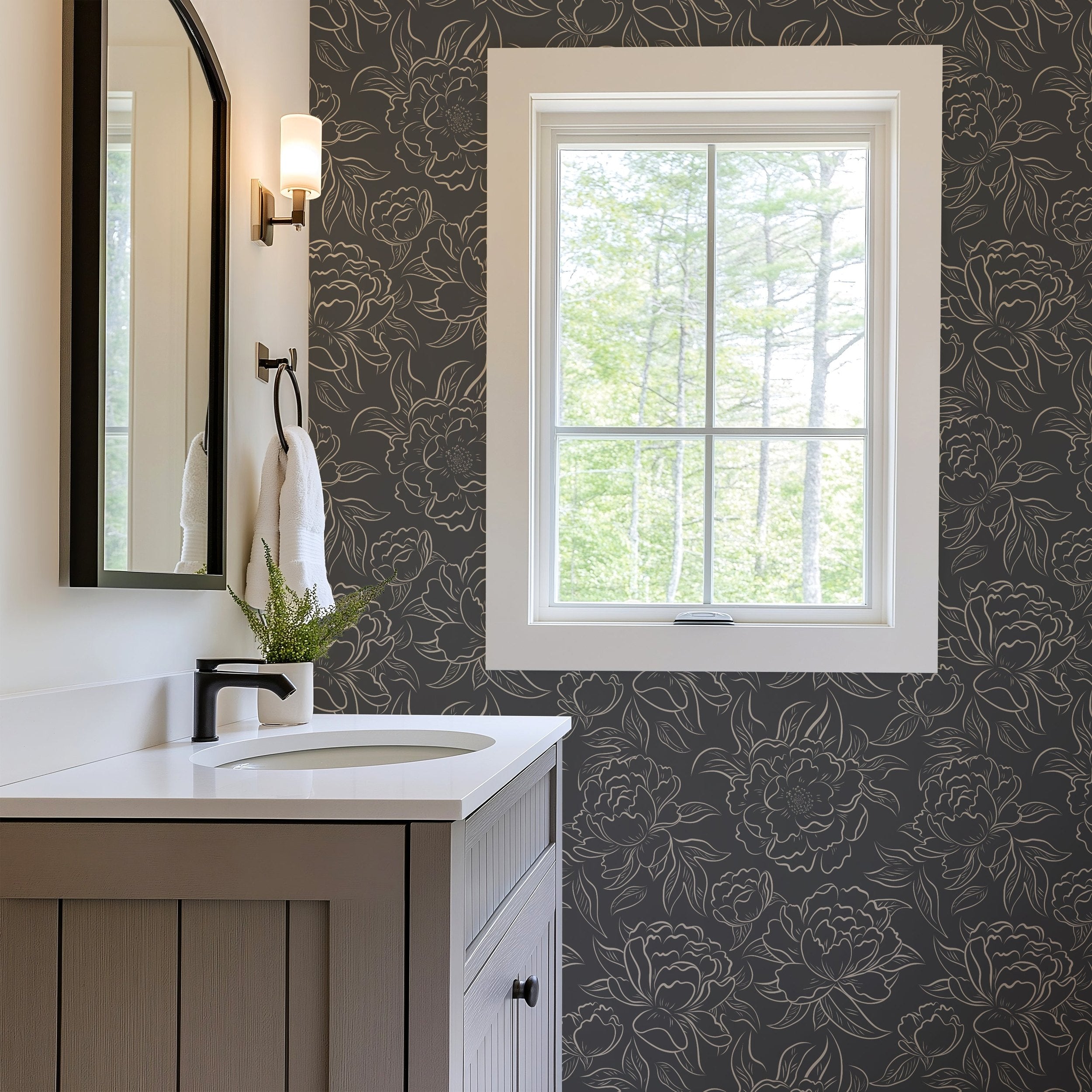 Peony Sketch Wallpaper - Charcoal wallpaper available in peel and stick (removable), prepasted, and traditional nonpasted / unpasted 