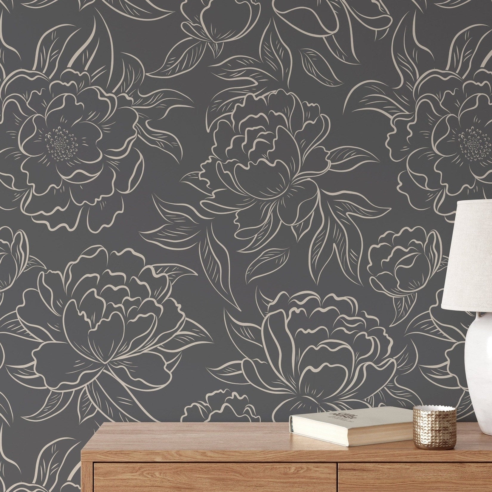 Peony Sketch Wallpaper - Charcoal wallpaper available in peel and stick (removable), prepasted, and traditional nonpasted / unpasted 