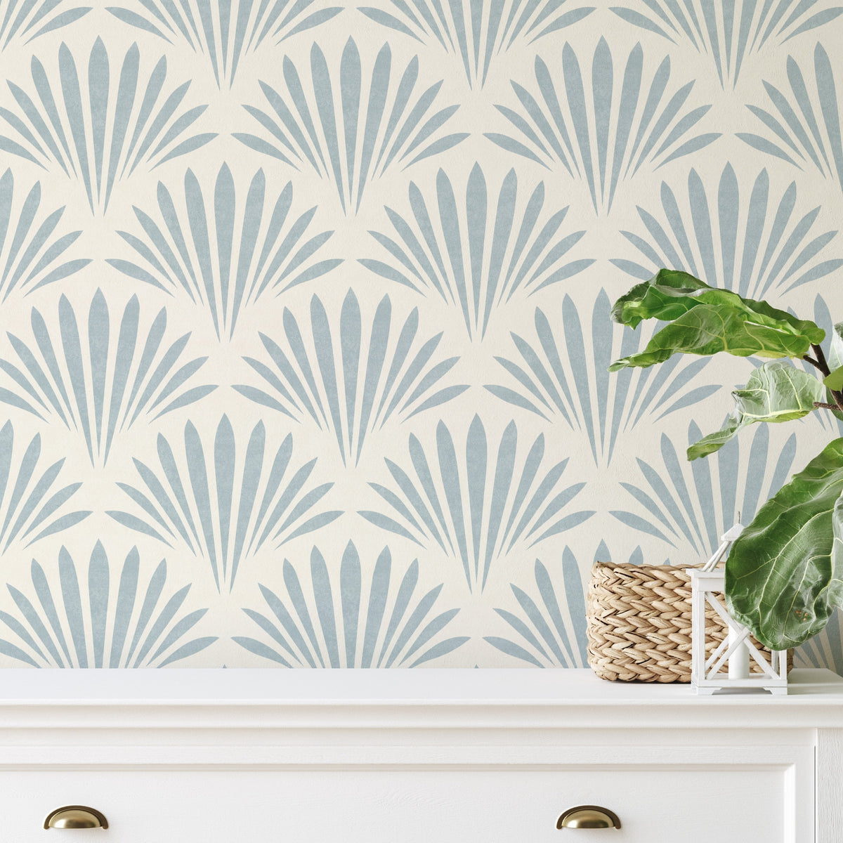 coastal shell blue and white wallpaper in removable peel and stick, prepasted or traditional nonpasted for modern boho beach house decor.