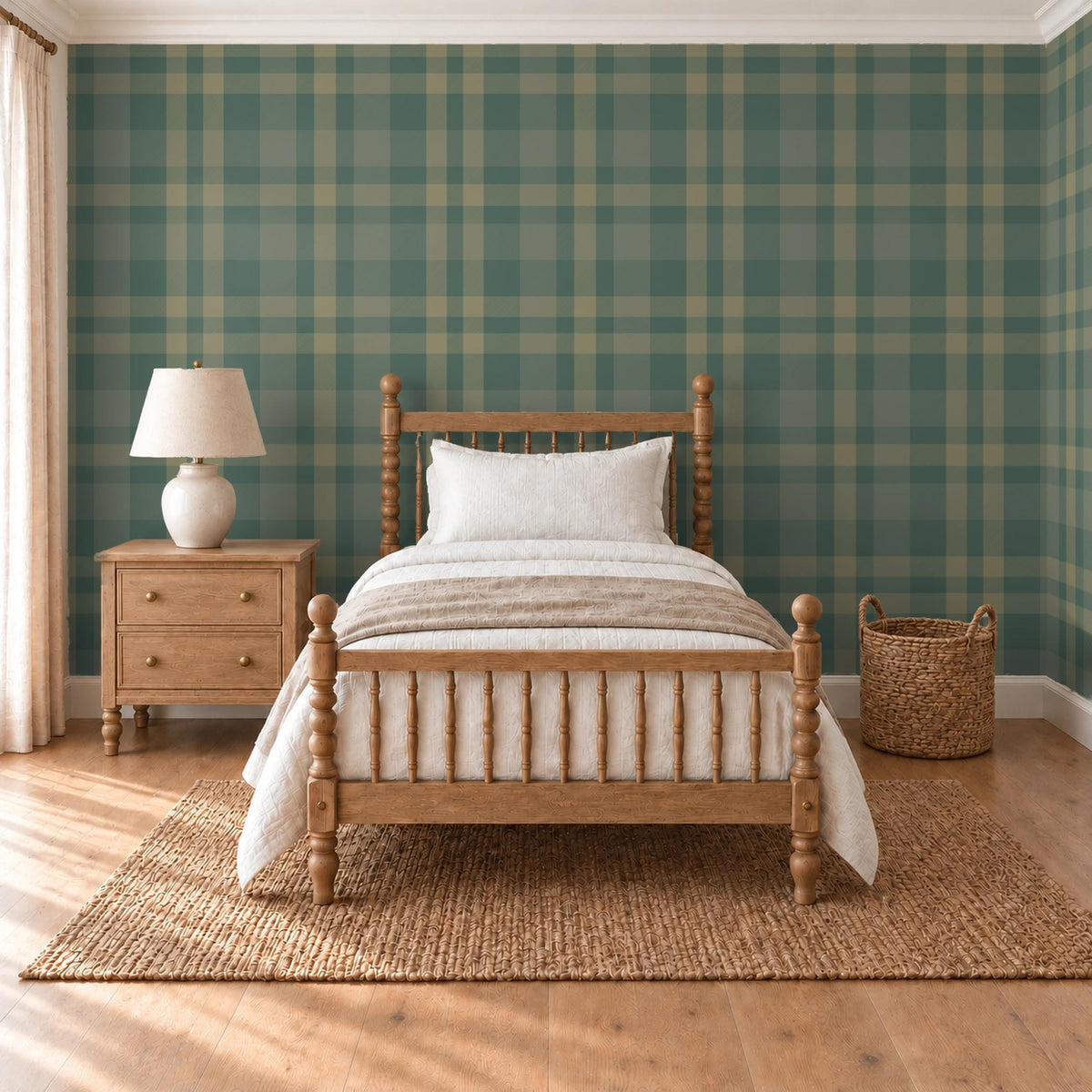 Bedroom with a wooden spindle bed and nightstand against Hollis Plaid wallpaper in dark green and tan