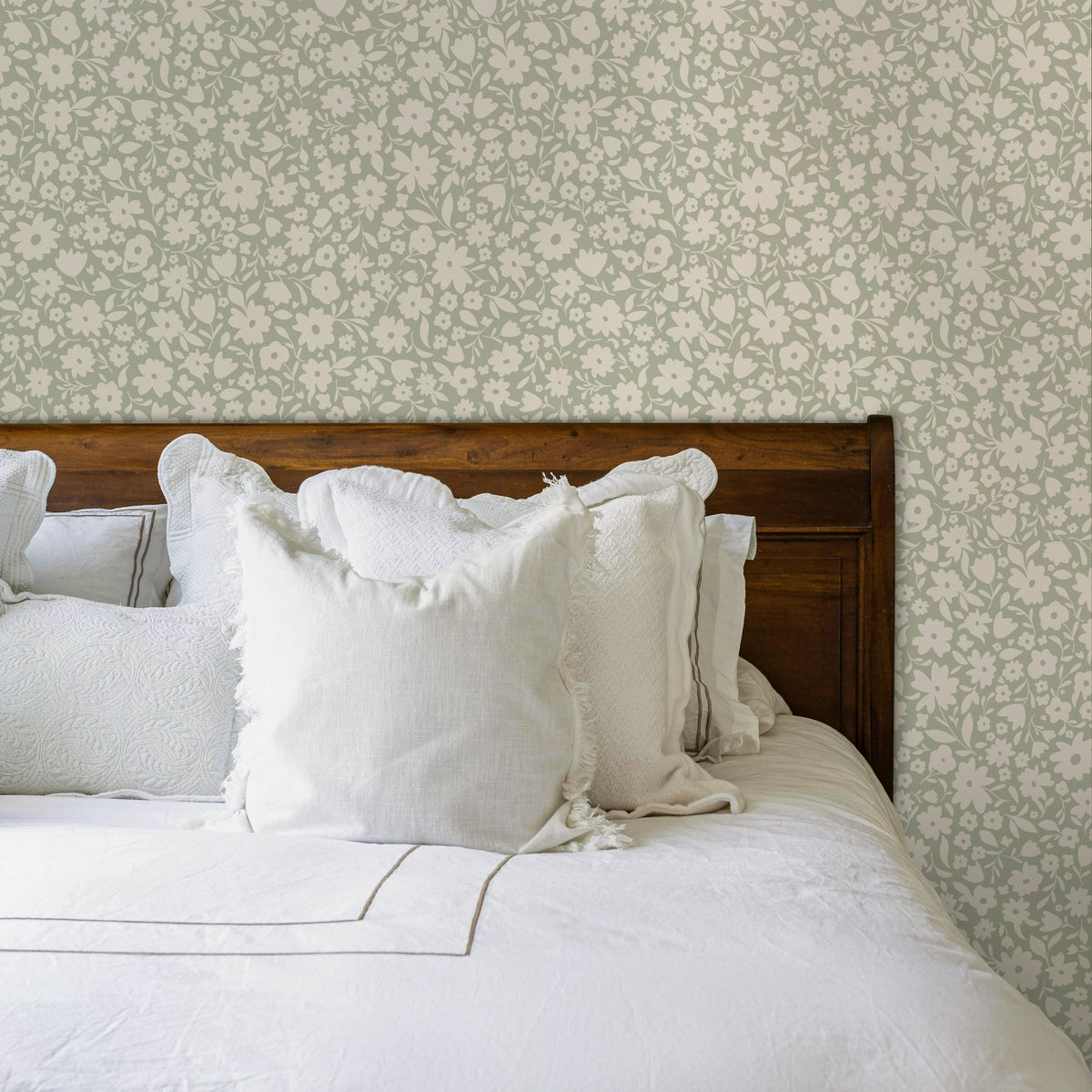 cute green vintage floral inspired wallpaper in peel and stick, prepasted or traditional nonpasted for cottagecore or english cottage inspired girls bedroom, nursery or powder room