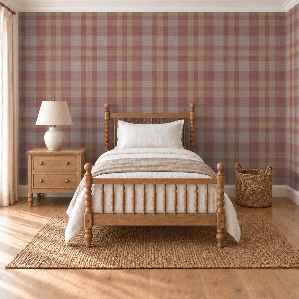 Burgundy tartan wallpaper in a vintage style kids bedroom