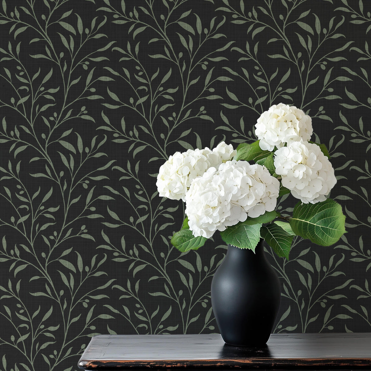 dark moody olive grove botanical leaves and branches wallpaper in peel and stick, prepasted or traditional nonpasted for vintage farmhouse or dramatic accent wall.