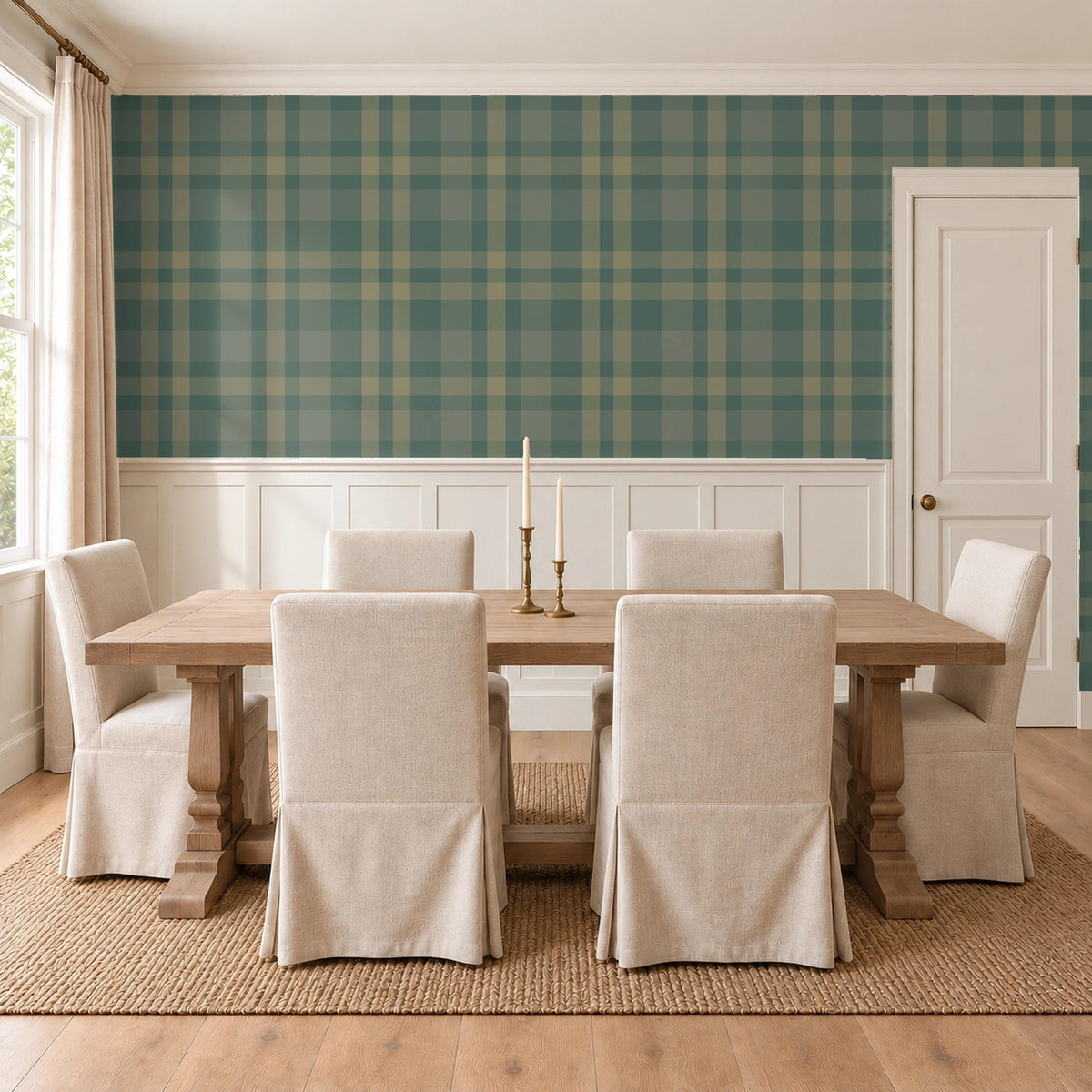 Forest green tartan traditional nonpasted wallpaper above wainscoting in a country dining room