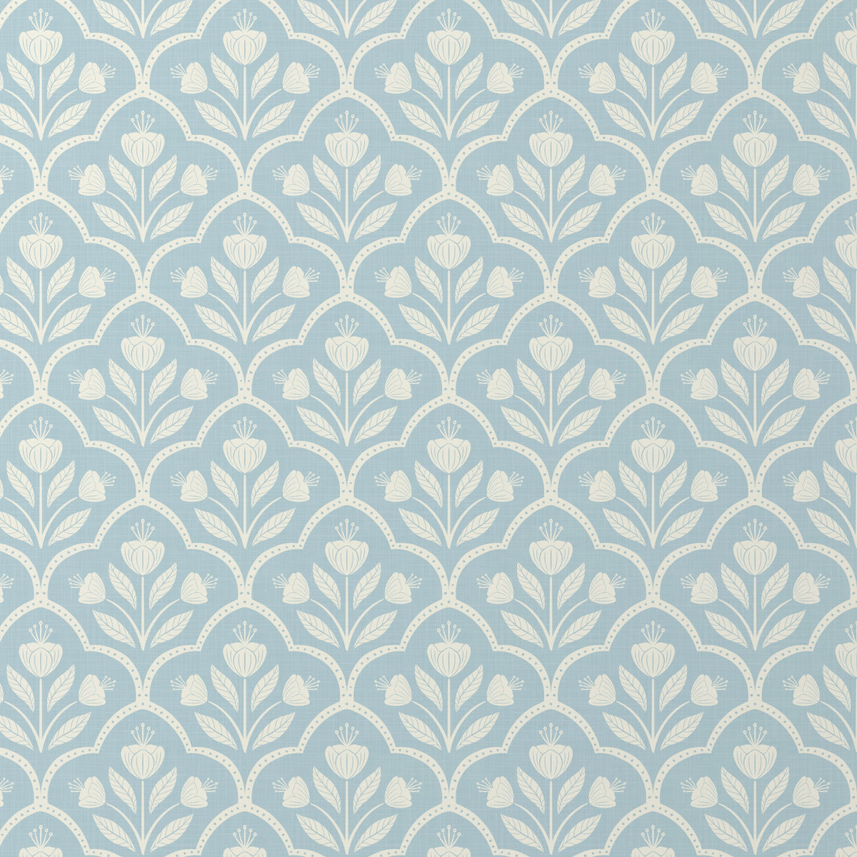 blue wallpaper with vintage floral tulips in removable peel and stick, prepasted or traditional nonpasted wallpaper samples and rolls. Shown on a wall in a coastal or cottagecore inspired space.