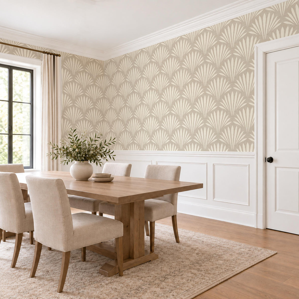 neutral coastal shell wallpaper in removable peel and stick, prepasted, or traditional nonpasted in cozy beige for modern coastal or beach house decor.