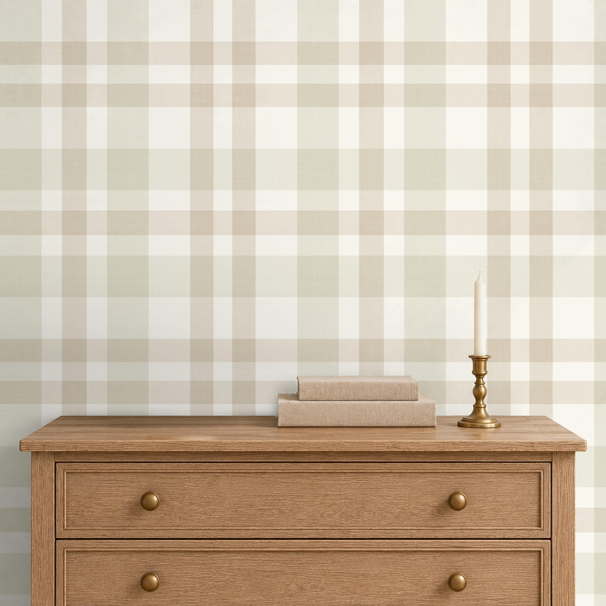 Wood dresser against a wall of beige and cream Hollis plaid wallpaper