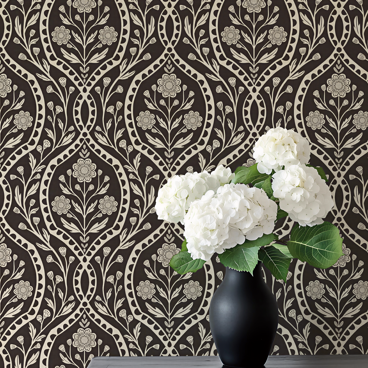 Dark Academia Moody Wallpaper in Peel and Stick or Prepasted Removable. This black and white Vintage style Botanical Wildflower Damask was created from a hand drawn illustration. Fits into Gothic Heritage Decor