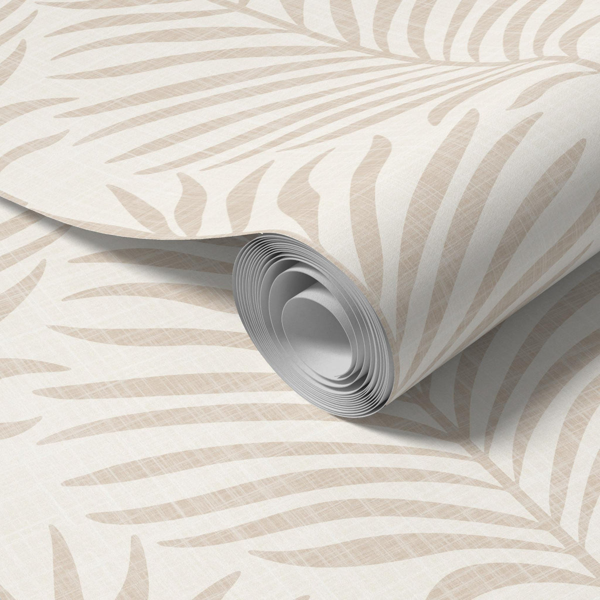 Close-up of a rolled panel of beige and white Palm Breeze palm leaf wallpaper