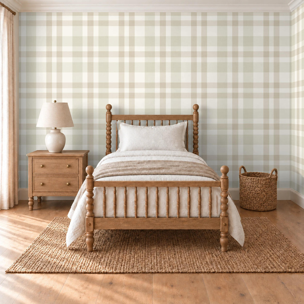Bedroom with a wood bed against beige and cream Hollis plaid wallpaper