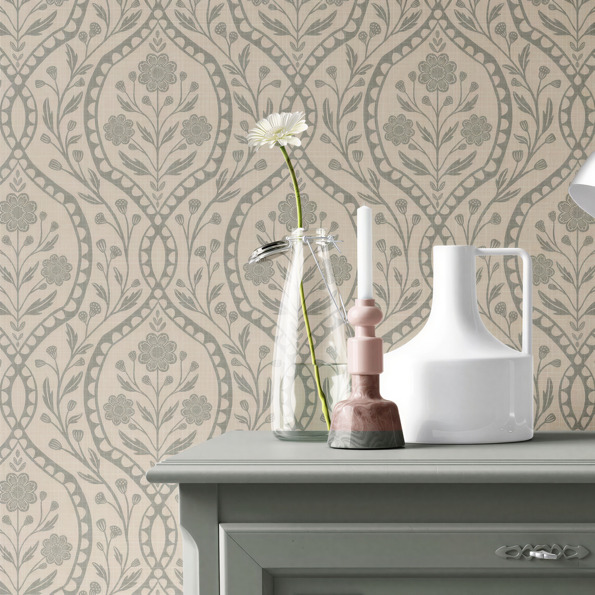 wallpaper shown in peel and stick or removable prepasted. neutral sage green and beige French country wallpaper with elegant wildflower damask. Renter-friendly subtle botanical design for a timeless baby girl nursery, bedroom, or bathroom wall.