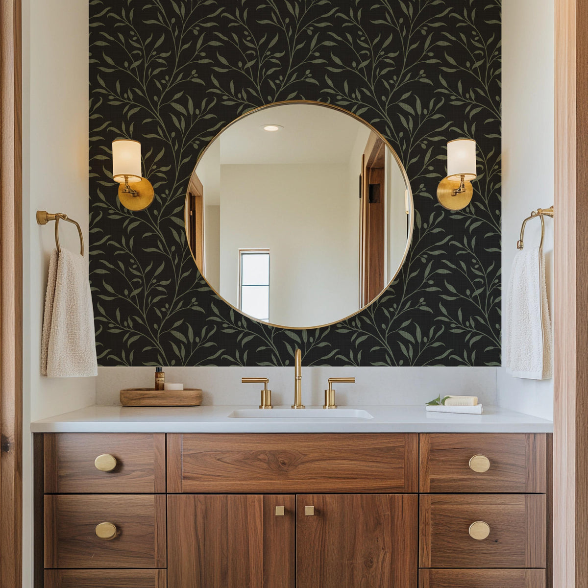 dark moody olive grove botanical leaves and branches wallpaper in peel and stick, prepasted or traditional nonpasted for vintage farmhouse or dramatic accent wall.