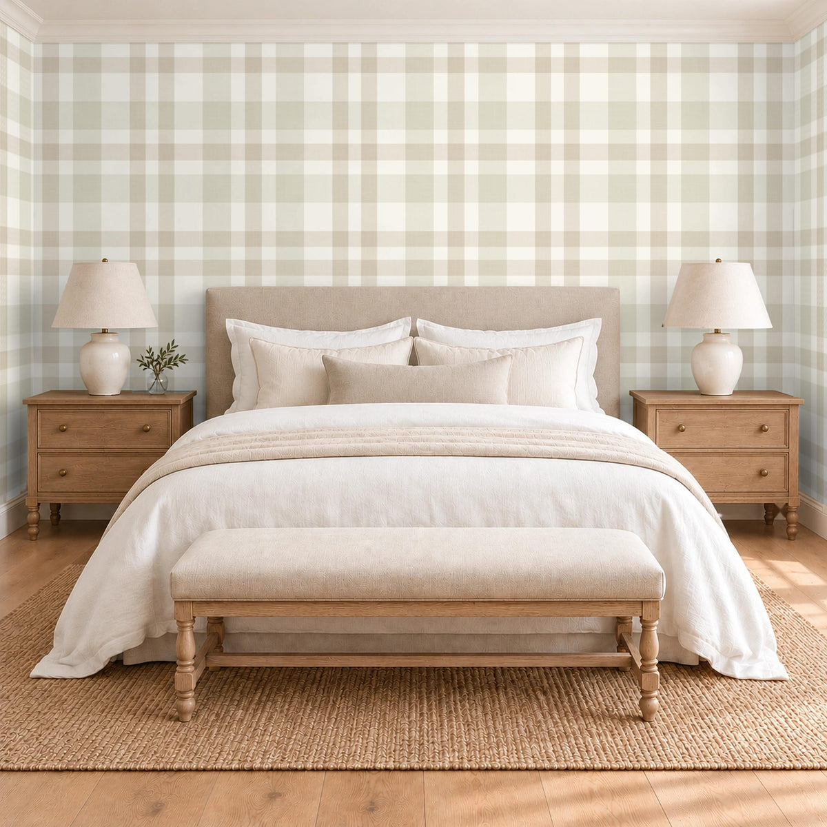 Bedroom with a bed and bedside lamps against beige and cream Hollis plaid wallpaper