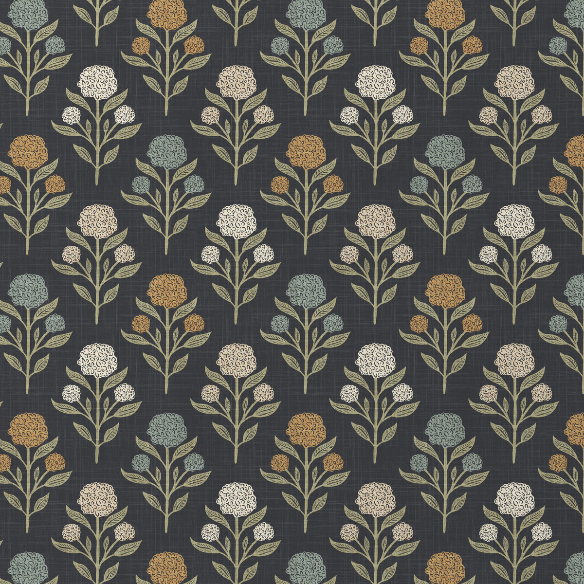 Heritage Revival Dark Floral Gothic Black Wallpaper shown in prepasted or peel and stick removable, diy, renter friendly for powder room, bathroom, entryway, hallway, office, or dramatic statement wall.
