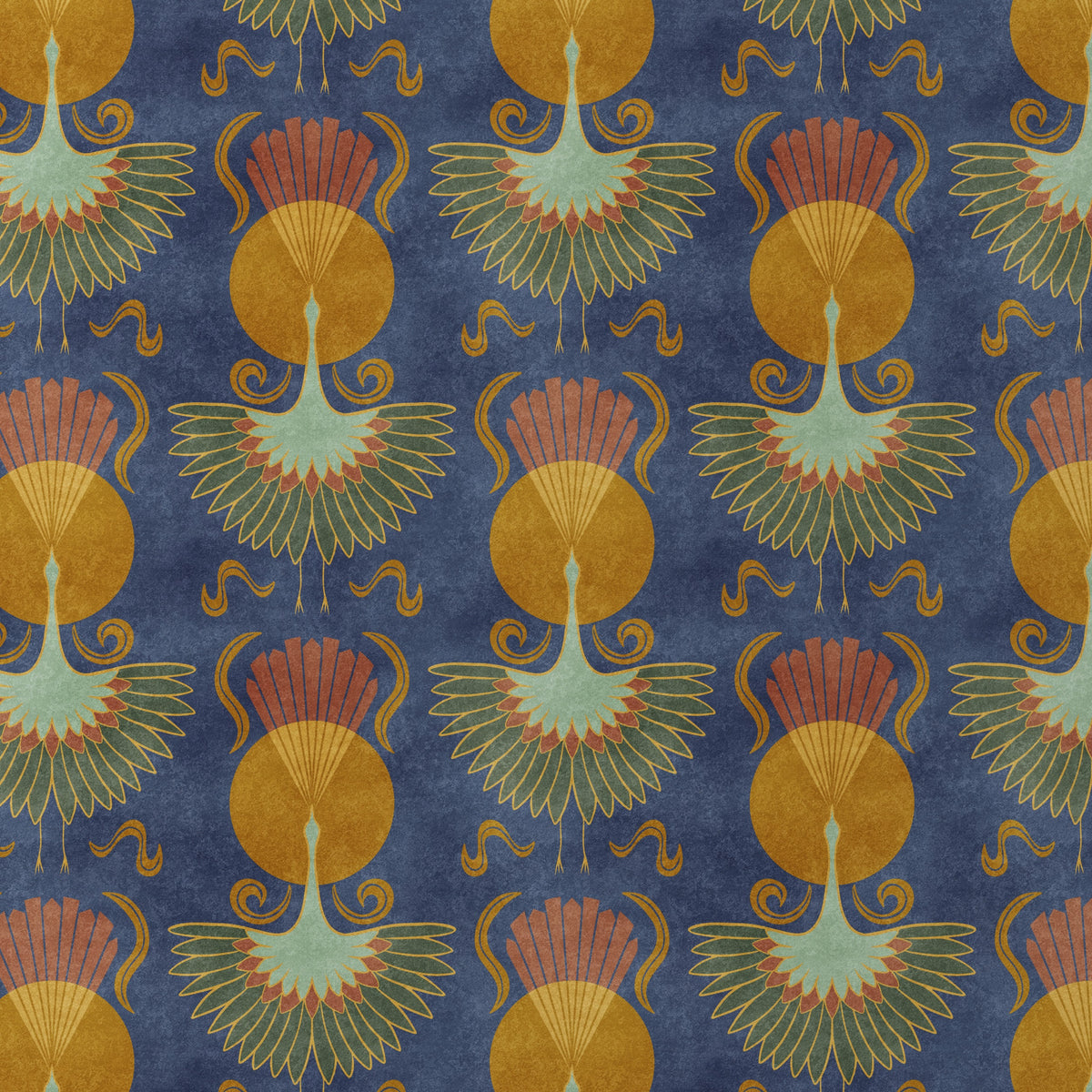 blue crane bird wallpaper in peel and stick, prepasted, or traditional nonpasted for dark moody art deco or mid century modern decor.