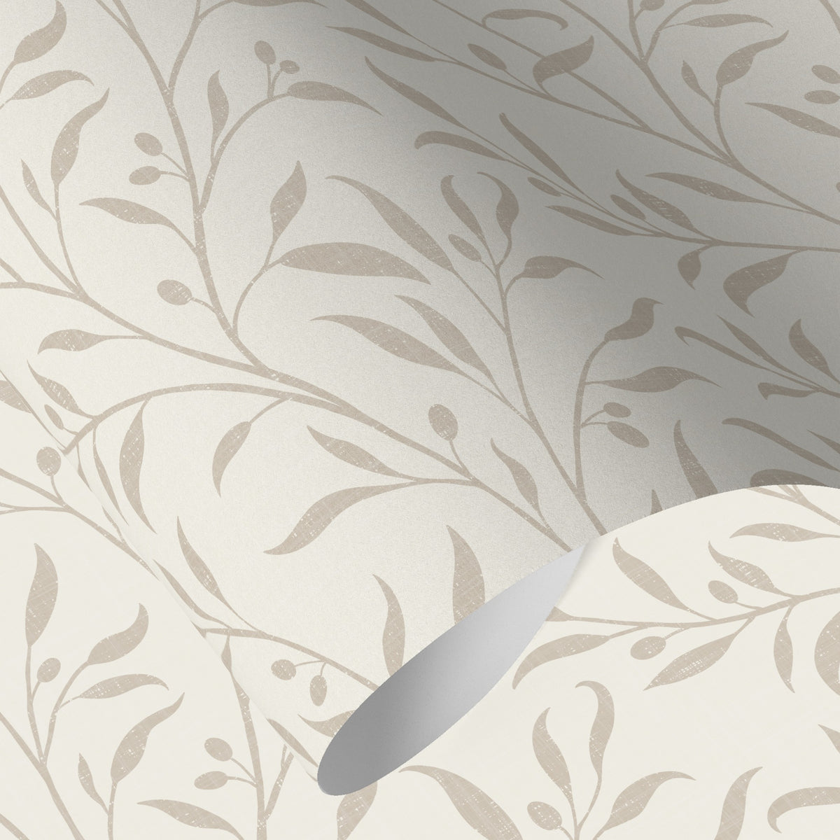 olive grove neutral wallpaper in beige and white peel and stick, prepasted or traditional nonpasted with botanical leaves and brances for a vintage farmhouse or french country cottage decor style.