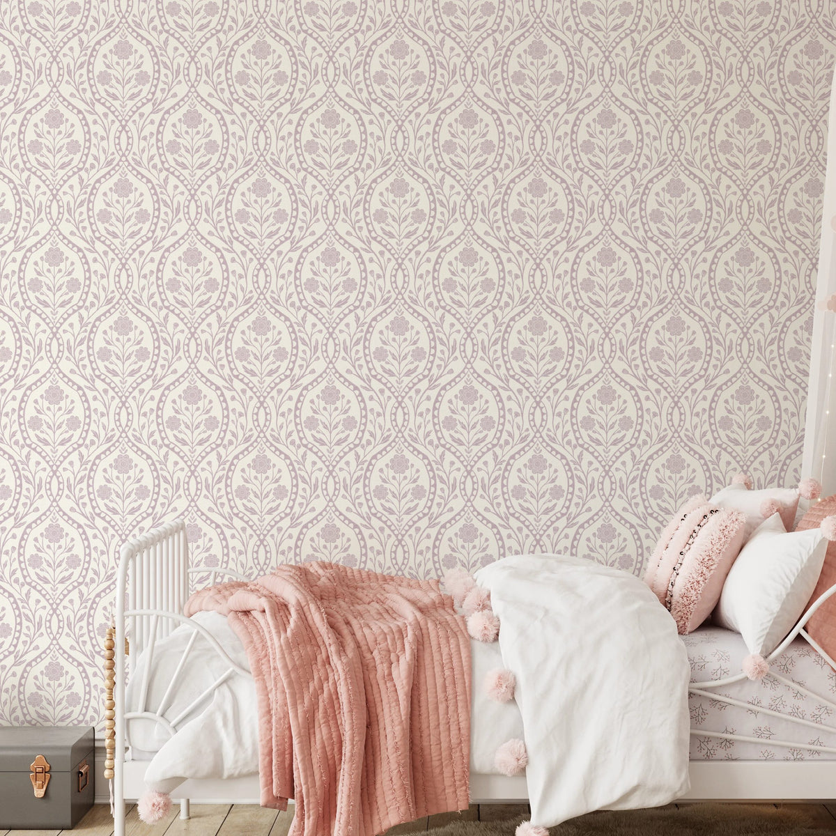 purple nursery pink floral wallpaper with botanical wildflowers shown in kids room as removable peel and stick, prepasted or traditional nonpasted