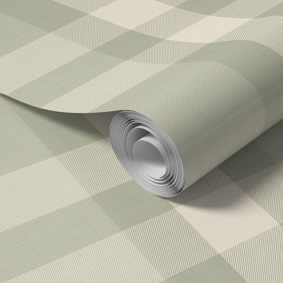 Roll of sage green and cream plaid wallpaper