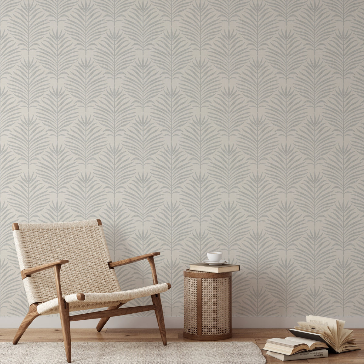 coastal botanical palm leaf wallpaper in gray and white for modern beach house or tropical decor in peel and stick, prepasted, or traditional nonpasted samples and rolls or panels