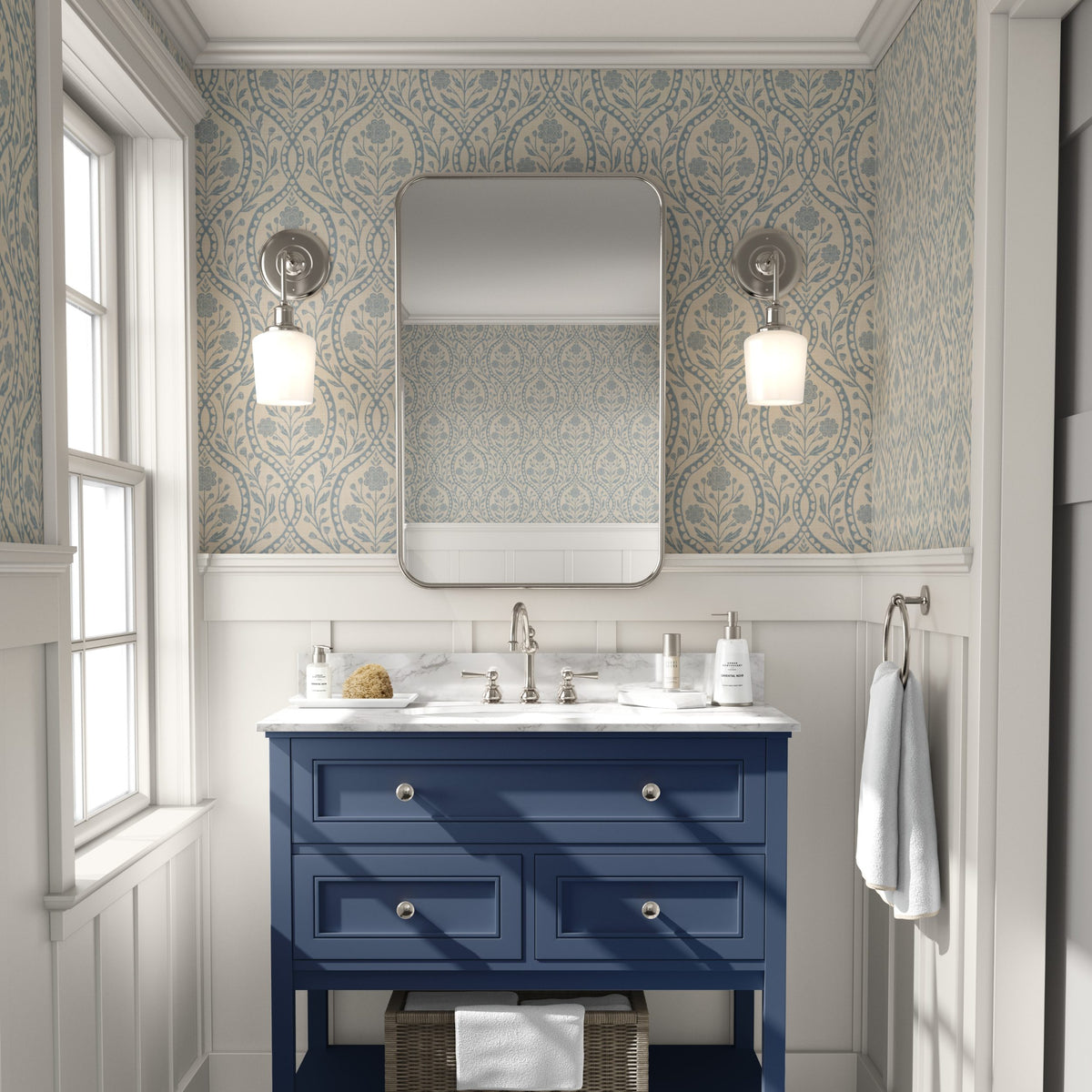 French Country peel and stick or prepasted removable Wallpaper in Neutral with blue wildflower floral details in an elegant damask with subtle faux linen texture. A perfect vintage inspired elegant botanical for nursery, bedroom, bathroom, living room, dining room or accent wall.