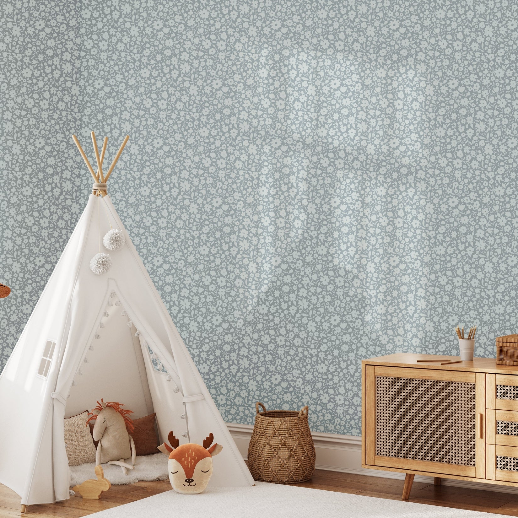 Little Meadow Floral Wallpaper - Dusty Blue wallpaper available in peel and stick (removable), prepasted, and traditional nonpasted / unpasted 