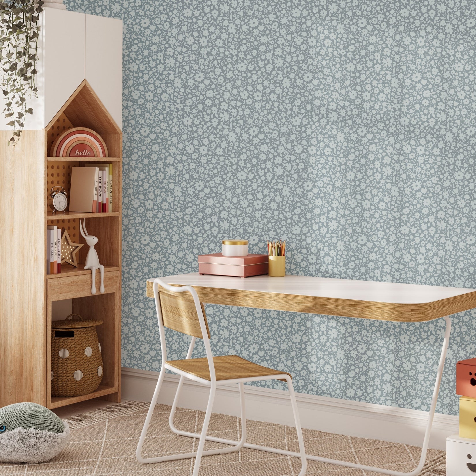 Little Meadow Floral Wallpaper - Dusty Blue wallpaper available in peel and stick (removable), prepasted, and traditional nonpasted / unpasted 