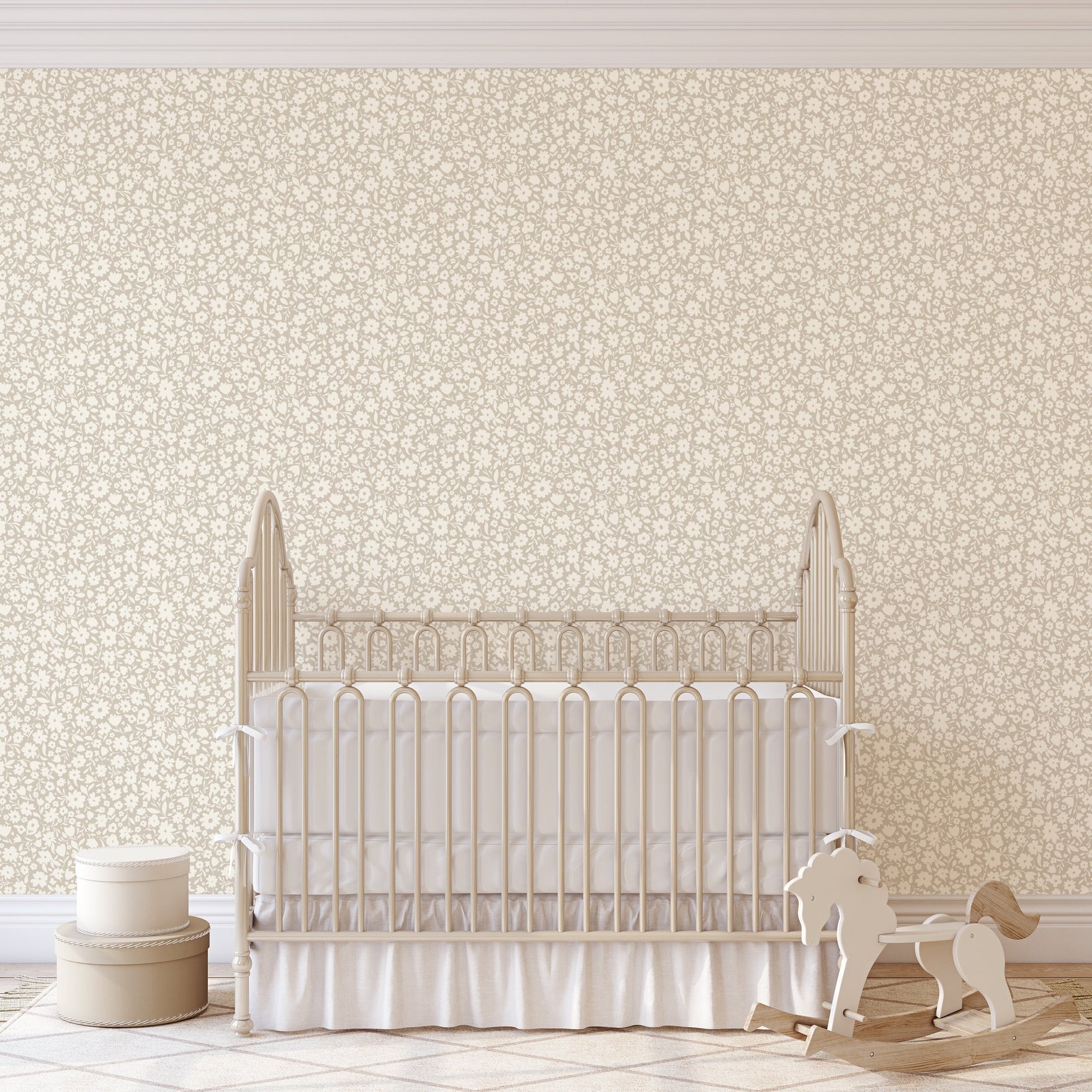 Little Meadow Floral Wallpaper - Neutral Greige wallpaper available in peel and stick (removable), prepasted, and traditional nonpasted / unpasted 