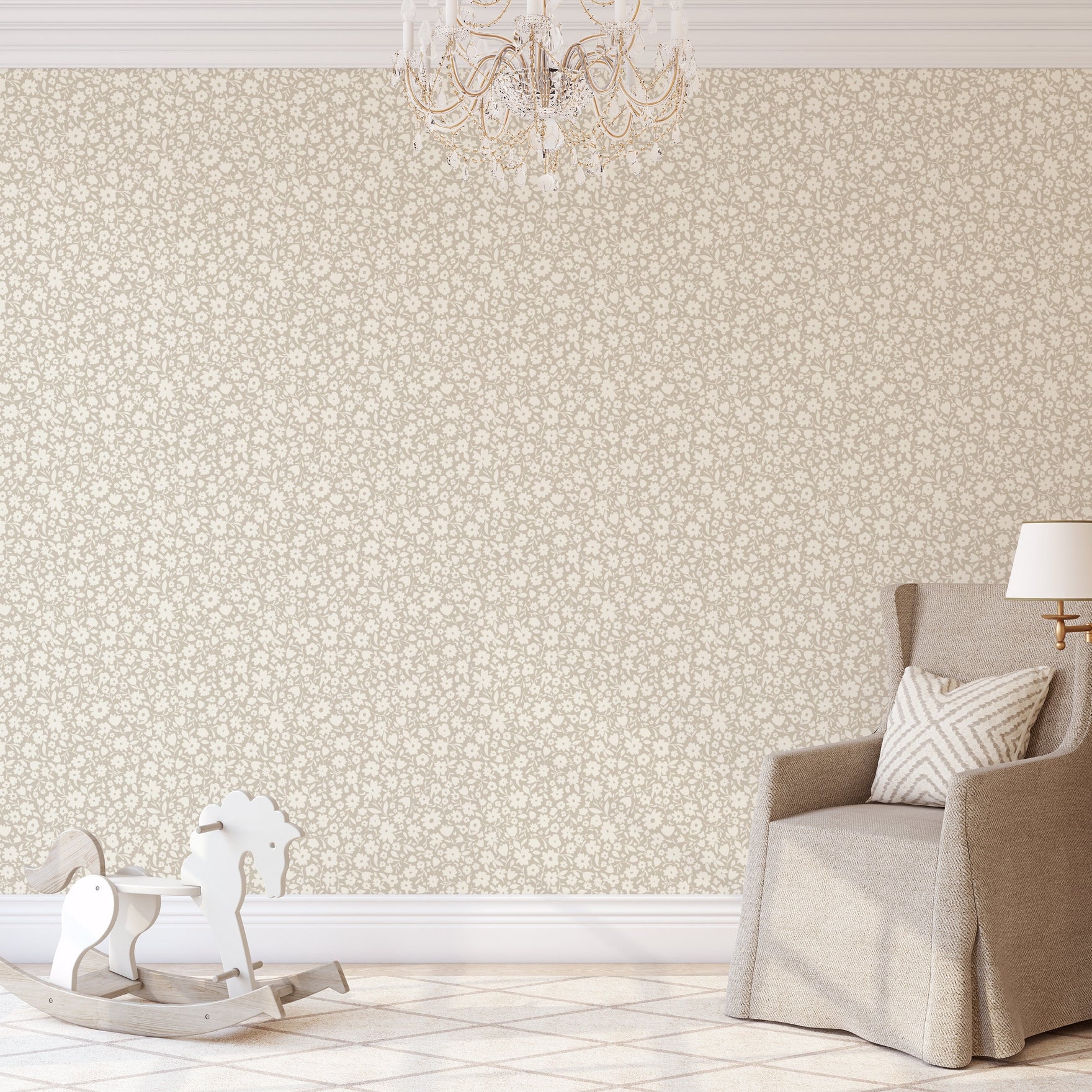 Little Meadow Floral Wallpaper - Neutral Greige wallpaper available in peel and stick (removable), prepasted, and traditional nonpasted / unpasted 