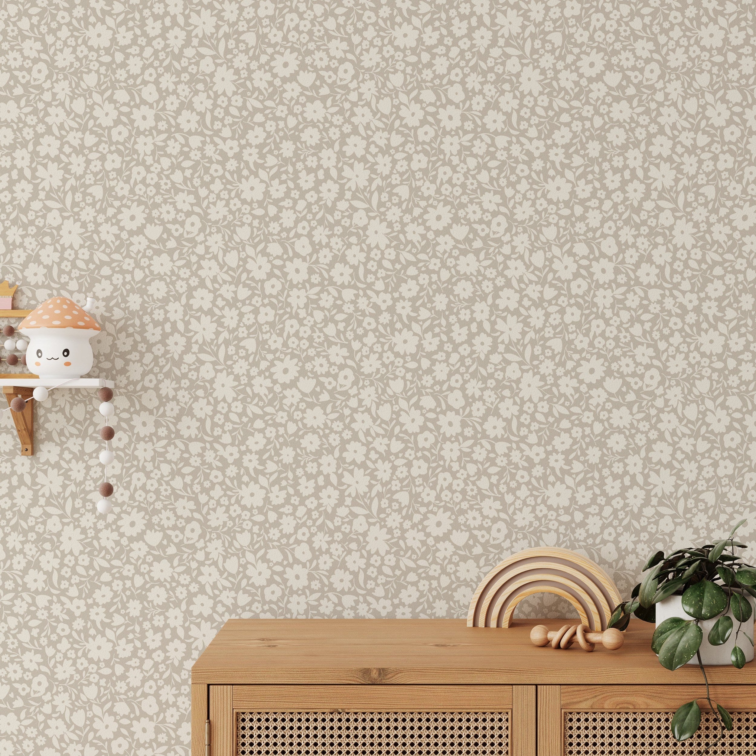 Little Meadow Floral Wallpaper - Neutral Greige wallpaper available in peel and stick (removable), prepasted, and traditional nonpasted / unpasted 