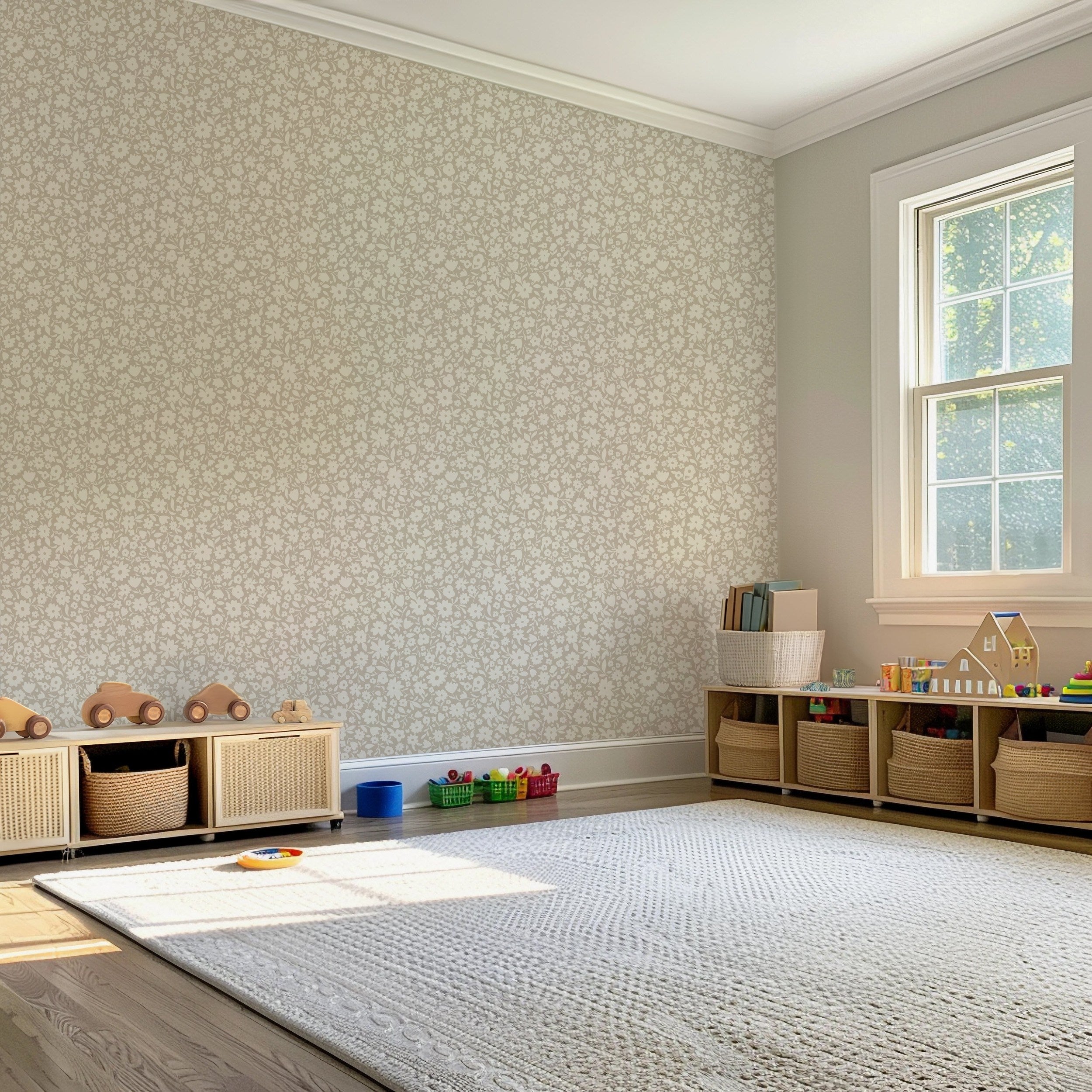 Little Meadow Floral Wallpaper - Neutral Greige wallpaper available in peel and stick (removable), prepasted, and traditional nonpasted / unpasted 