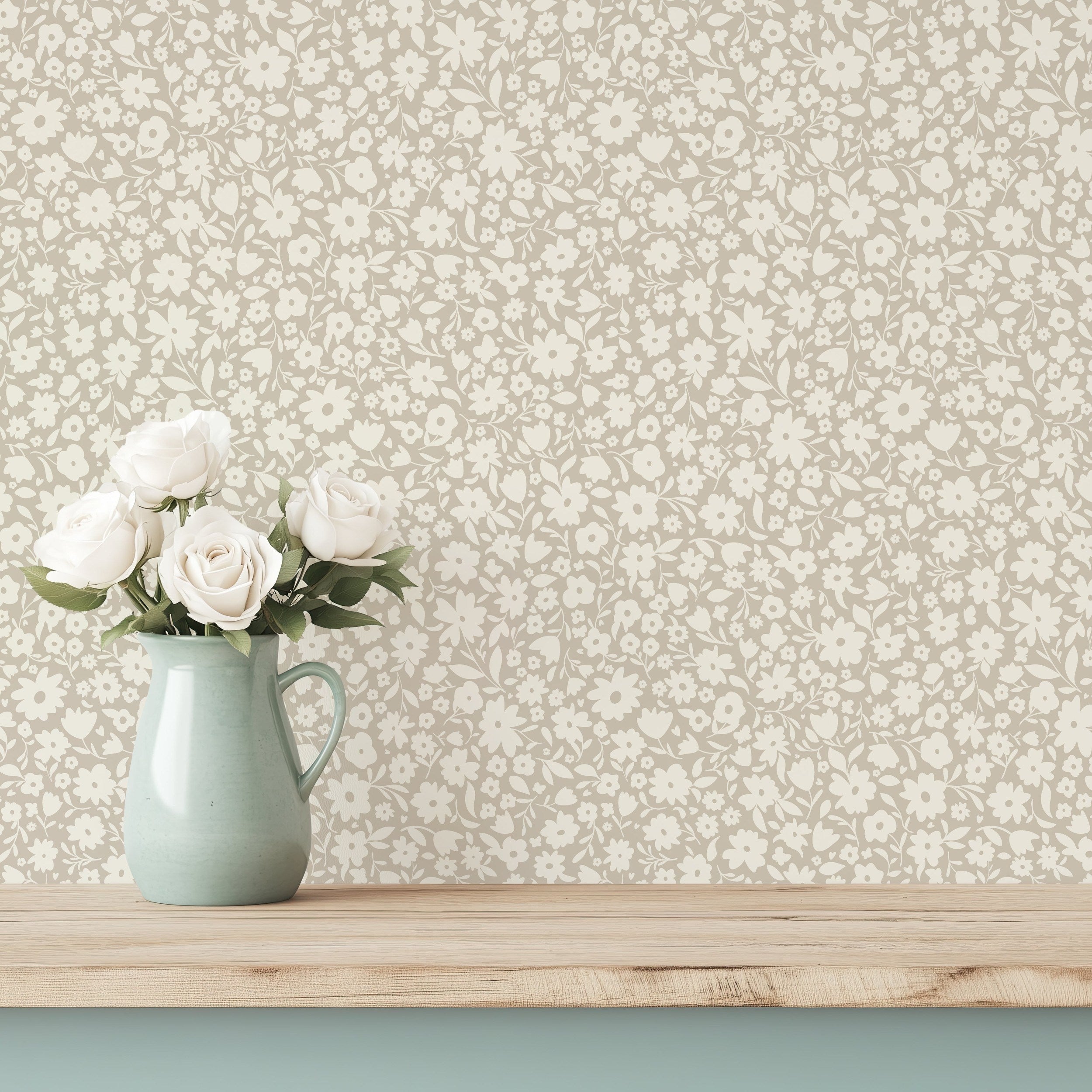 Little Meadow Floral Wallpaper - Neutral Greige wallpaper available in peel and stick (removable), prepasted, and traditional nonpasted / unpasted 