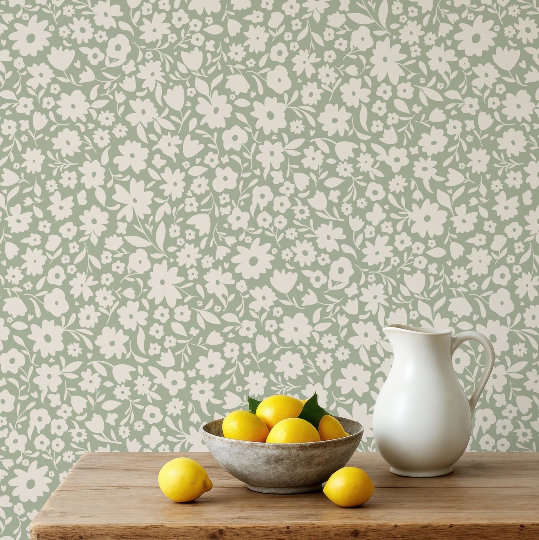 Little Meadow Floral Wallpaper - Sage wallpaper available in peel and stick (removable), prepasted, and traditional nonpasted / unpasted 