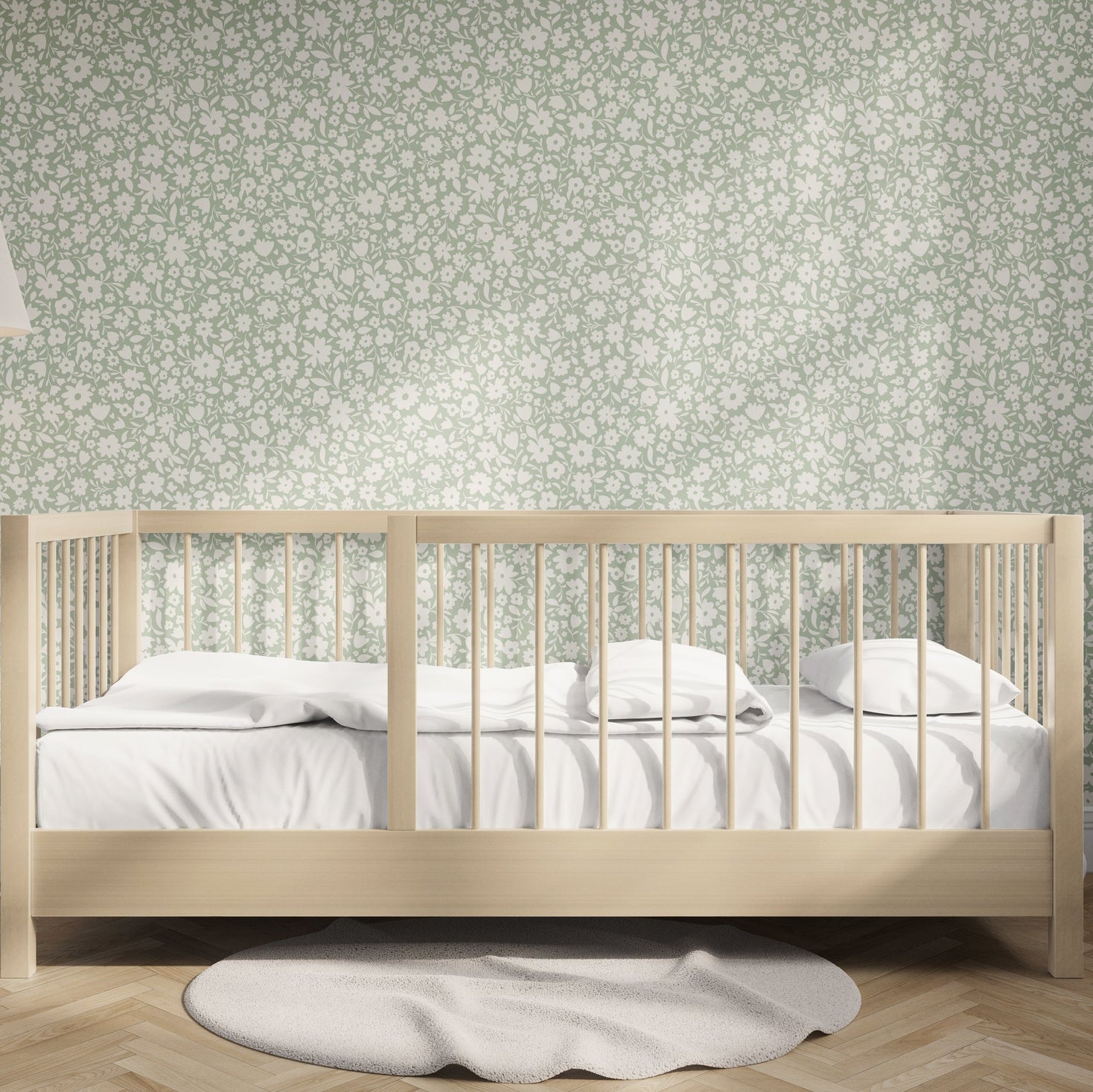Little Meadow Floral Wallpaper - Sage wallpaper available in peel and stick (removable), prepasted, and traditional nonpasted / unpasted 